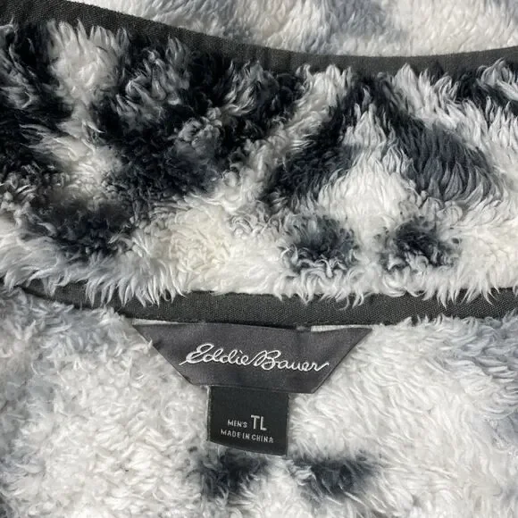 Eddie Bauer Pullover Mens Large Tall White Gray Black Plush Fuzzy Cozy Jacket - Picture 9 of 11